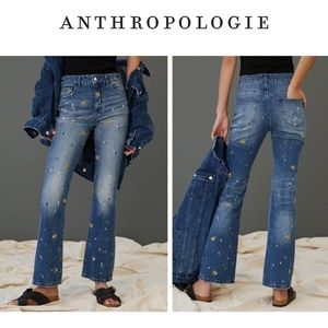 Anthro Pilcro The Icon Flare Paint Splatter Embroidered Jeans